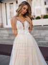 Tulle A-line V-neck Court Train Appliques Lace Wedding Dresses #DOB00023850