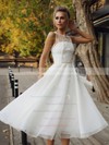 Tulle A-line Scoop Neck Tea-length Appliques Lace Wedding Dresses #DOB00023851