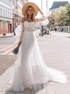 Tulle A-line Off-the-shoulder Sweep Train Beading Wedding Dresses #DOB00023852