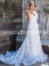 Lace A-line V-neck Sweep Train Wedding Dresses #DOB00023853