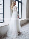 Tulle A-line Scoop Neck Sweep Train Beading Wedding Dresses #DOB00023854