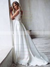 Satin A-line V-neck Sweep Train Appliques Lace Wedding Dresses #DOB00023856