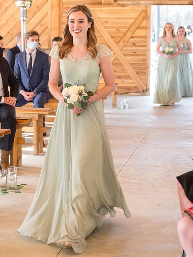 Chiffon A-line V-neck Floor-length Appliques Lace Bridesmaid Dresses #DOB01013774