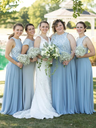 Chiffon A-line Scoop Neck Floor-length Appliques Lace Bridesmaid Dresses #DOB01013779