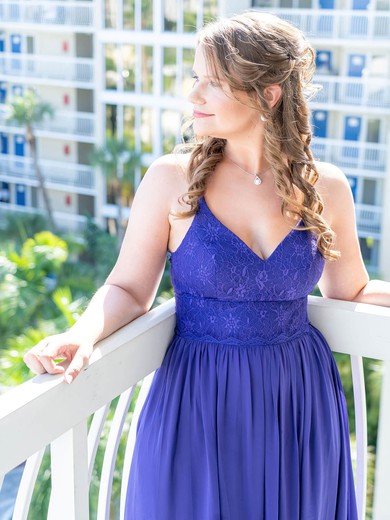 Chiffon A-line V-neck Floor-length Lace Bridesmaid Dresses #DOB01013796