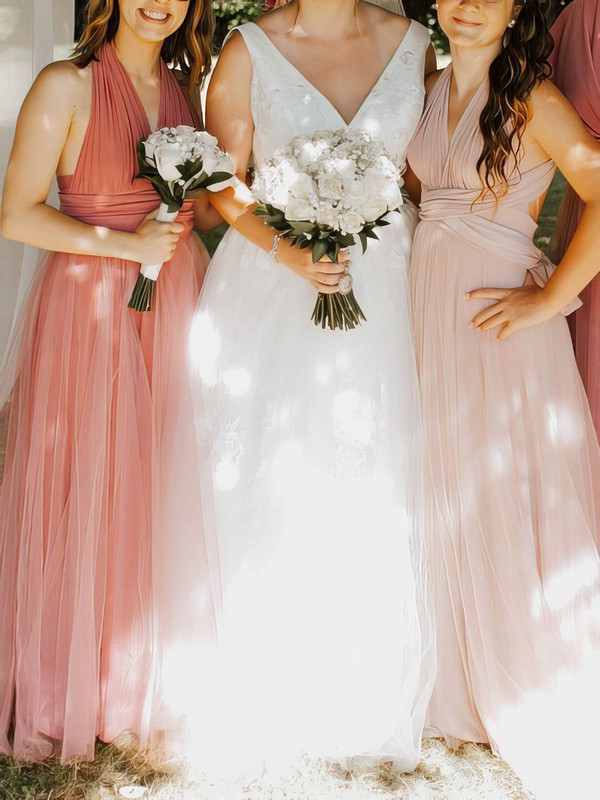 Tulle A-line Halter Floor-length Ruffles Bridesmaid Dresses #DOB01013826