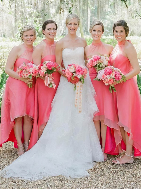 Tulle A-line Halter Asymmetrical Bridesmaid Dresses #DOB01013846