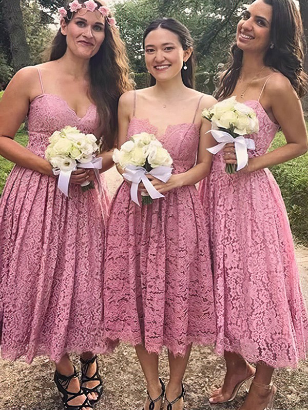 Lace A-line V-neck Tea-length Bridesmaid Dresses #DOB01013850