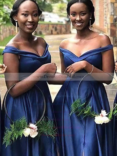 Satin A-line Off-the-shoulder Sweep Train Split Front Bridesmaid Dresses #DOB01013853