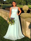 Chiffon A-line Scoop Neck Sweep Train Appliques Lace Bridesmaid Dresses #DOB01013857