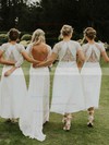 Silk-like Satin A-line Scoop Neck Asymmetrical Appliques Lace Bridesmaid Dresses #DOB01013859