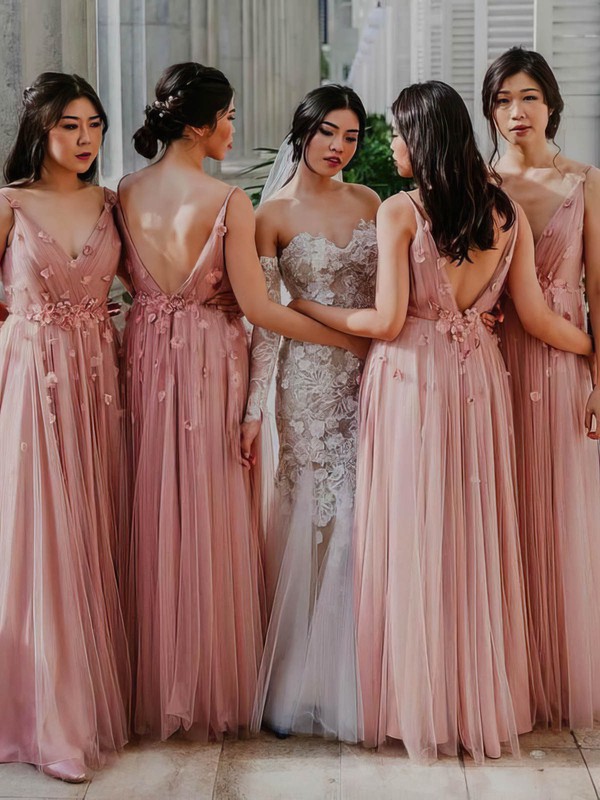 Tulle A-line V-neck Floor-length Flower(s) Bridesmaid Dresses #DOB01013862