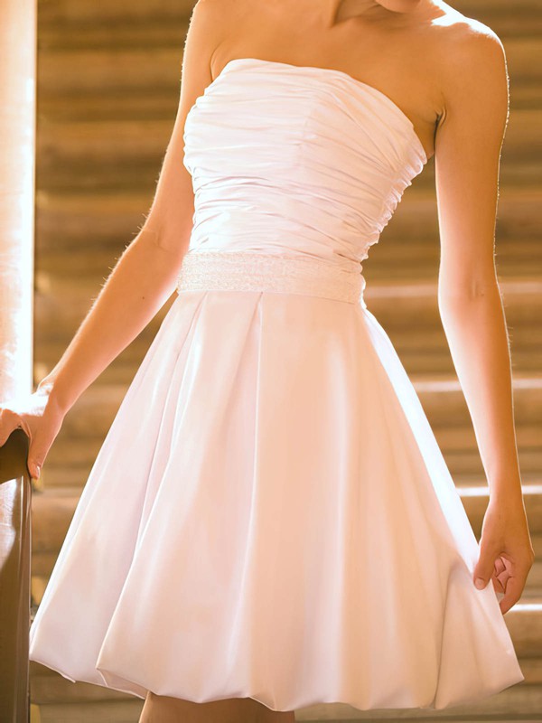 Strapless A-line Short/Mini Satin Ruffles Wedding Dresses #DOB00020530