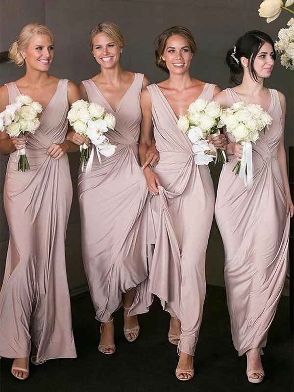 Silk-like Satin A-line V-neck Floor-length Ruffles Bridesmaid Dresses #DOB01013867