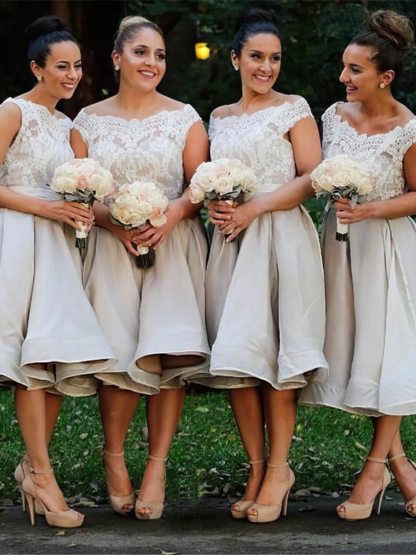 Silk-like Satin A-line Scoop Neck Knee-length Appliques Lace Bridesmaid Dresses #DOB01013869