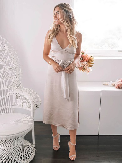 Silk-like Satin A-line V-neck Tea-length Sashes / Ribbons Bridesmaid Dresses #DOB01013882