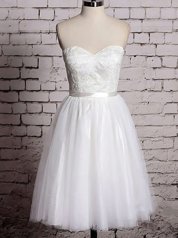 Sweetheart Ball Gown Knee-length Tulle Satin Lace Wedding Dresses #DOB00020533