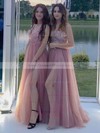 Tulle Glitter A-line V-neck Sweep Train Split Front Bridesmaid Dresses #DOB01013896