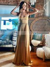 Silk-like Satin A-line V-neck Sweep Train Bridesmaid Dresses #DOB01013901