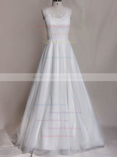 Scoop A-line Sweep Train Tulle Satin Lace Wedding Dresses #DOB00020535