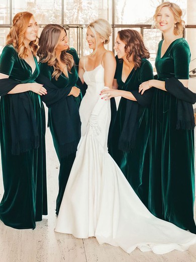 Velvet A-line V-neck Floor-length Bridesmaid Dresses #DOB01013919