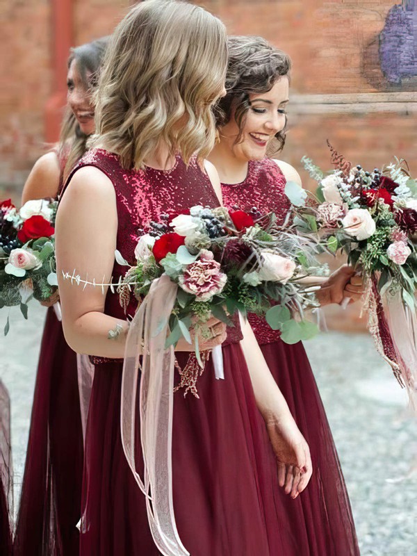 Tulle Sequined A-line Scoop Neck Floor-length Bridesmaid Dresses #DOB01014121