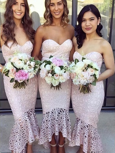 Lace Trumpet/Mermaid Sweetheart Asymmetrical Bridesmaid Dresses #DOB01014125