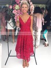 Lace A-line V-neck Tea-length Bridesmaid Dresses #DOB01014129