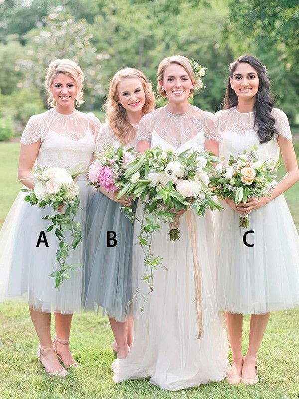 Tulle A-line Scoop Neck Tea-length Appliques Lace Bridesmaid Dresses #DOB01014139