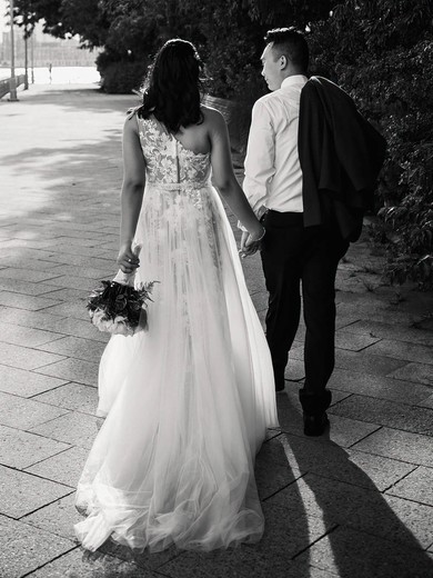 Tulle A-line One Shoulder Sweep Train Beading Wedding Dresses #DOB00023876