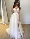 Tulle A-line V-neck Sweep Train Appliques Lace Wedding Dresses #DOB00023912