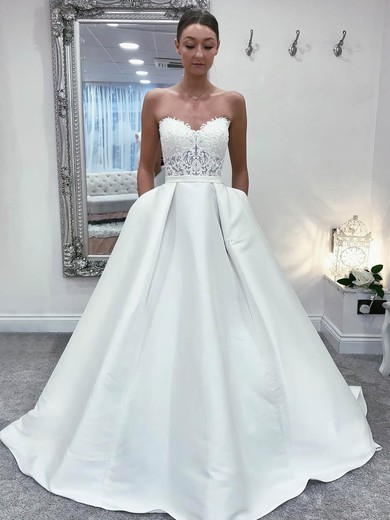 Satin Ball Gown Strapless Court Train Appliques Lace Wedding Dresses #DOB00023913