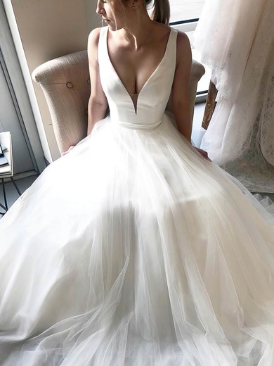 Satin Tulle A-line V-neck Court Train Wedding Dresses #DOB00023914