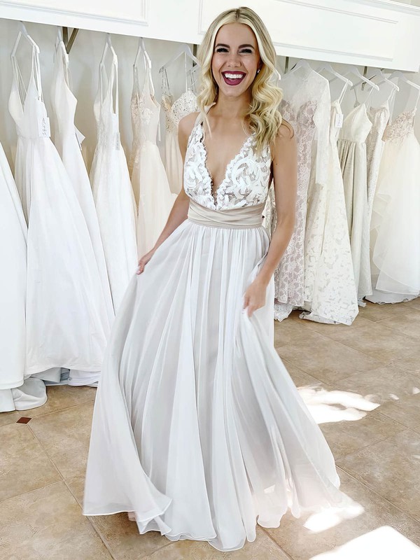 Chiffon A-line V-neck Floor-length Lace Wedding Dresses #DOB00023915