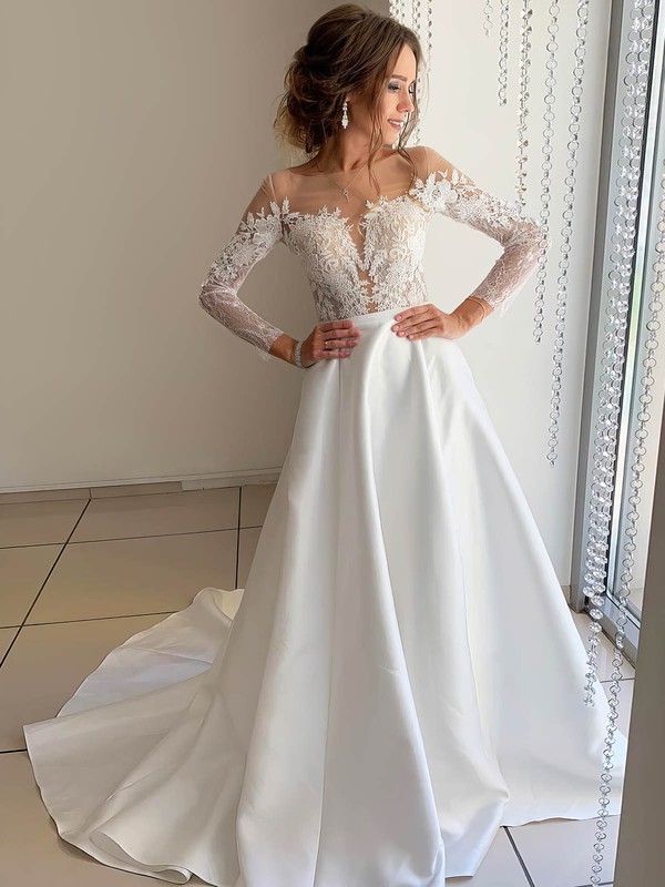 Satin Tulle A-line Scoop Neck Court Train Appliques Lace Wedding Dresses #DOB00023917