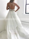 Lace Silk-like Satin A-line V-neck Court Train Cascading Ruffles Wedding Dresses #DOB00023919