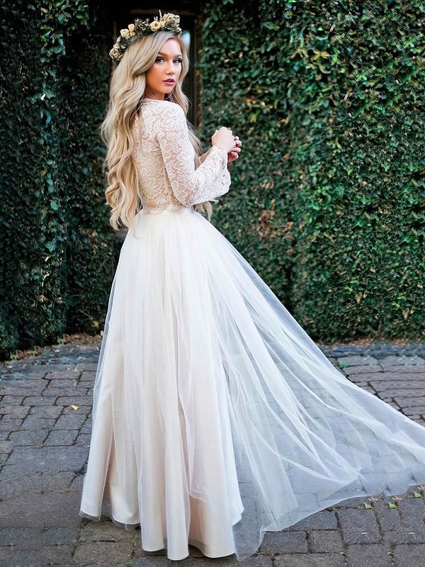 Lace Tulle A-line V-neck Floor-length Split Front Wedding Dresses #DOB00023920
