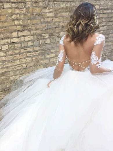 Tulle Ball Gown Scoop Neck Court Train Appliques Lace Wedding Dresses #DOB00023924