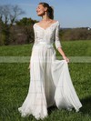 Lace Chiffon A-line V-neck Sweep Train Sashes / Ribbons Wedding Dresses #DOB00023926
