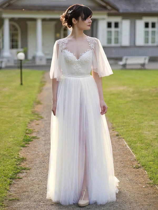 Tulle A-line V-neck Floor-length Appliques Lace Wedding Dresses #DOB00023931