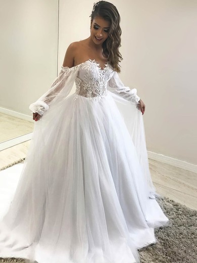 Tulle Ball Gown Off-the-shoulder Court Train Appliques Lace Wedding Dresses #DOB00023939