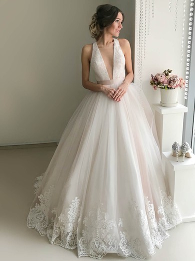 Tulle Ball Gown Square Neckline Court Train Appliques Lace Wedding Dresses #DOB00023940