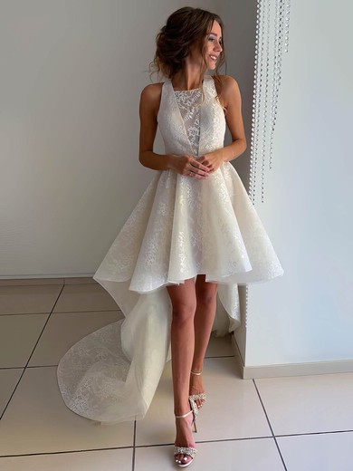 Glitter A-line Square Neckline Asymmetrical Wedding Dresses #DOB00023941
