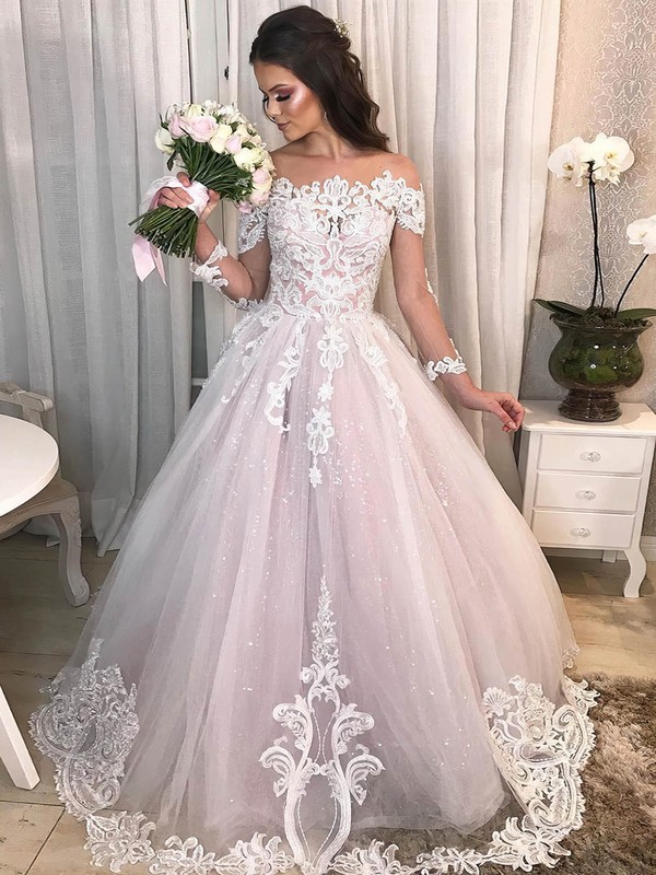 Glitter Ball Gown Scoop Neck Sweep Train Appliques Lace Wedding Dresses #DOB00023944
