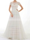 Bateau A-line Court Train Chiffon Lace Appliques Wedding Dresses #DOB00020548