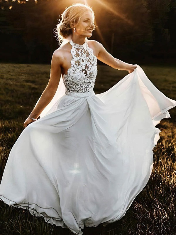 Lace Chiffon A-line Halter Sweep Train Sashes / Ribbons Wedding Dresses #DOB00023947