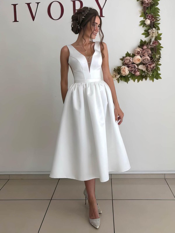 Satin Ball Gown V-neck Tea-length Wedding Dresses #DOB00023954