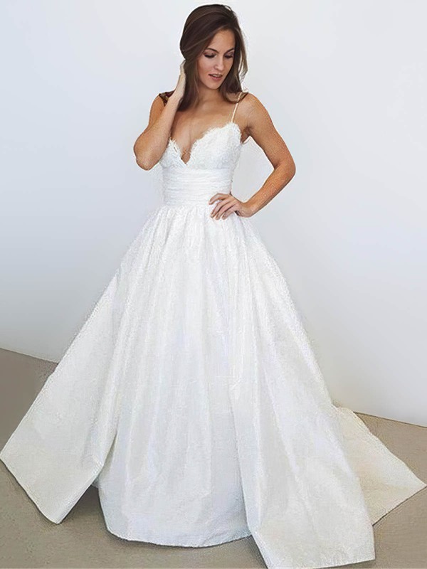 Satin Ball Gown V-neck Court Train Lace Wedding Dresses #DOB00023956