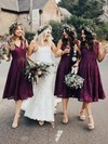 Lace A-line V-neck Tea-length Bridesmaid Dresses #DOB01013939