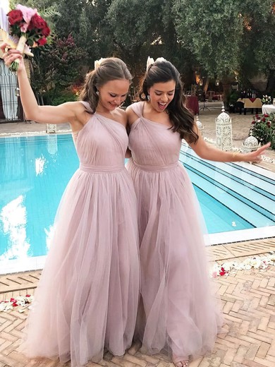 Tulle A-line One Shoulder Sweep Train Bridesmaid Dresses #DOB01013945